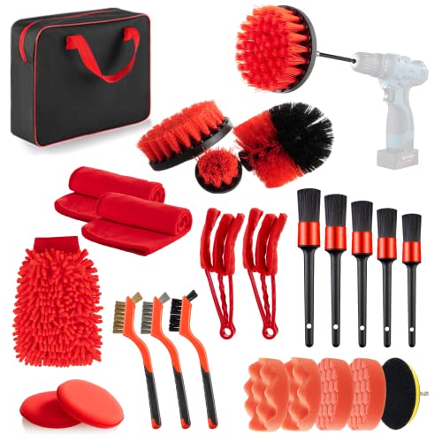Car Cleaning Tools Kit, 26 Pcs Car Detailing Brush Set with Carry Bag - Driller Attachment Set & All Purpose Clean for Cleaning Automobile Interior, Exterior, Wheels, Dashboard, Leather, Air Vents