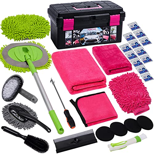FORCAR 29Pcs Car Wash Cleaning Kit with Extendable Long Handle Brush Mop & Long Pole Window Water Scraper, 63' Large Towels, 16' Large Storage Box, Wash Mitt for Interior and Exterior Detailing, Pink